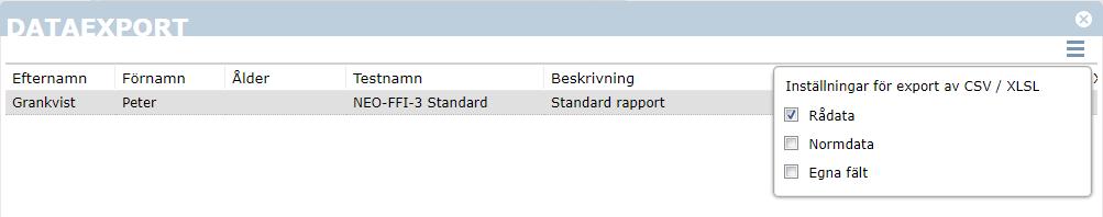 Klicka på ikonen för att välja vad du vill exportera. Bild 69. Välj önskat format för datafilen.