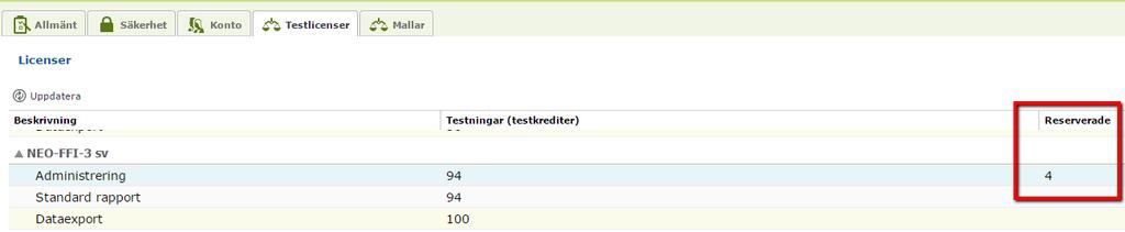 11.4.1. Fliken Testlicenser, Avancerat läge Markera rutan Avancerat läge längst ned till vänster för att visa även antal