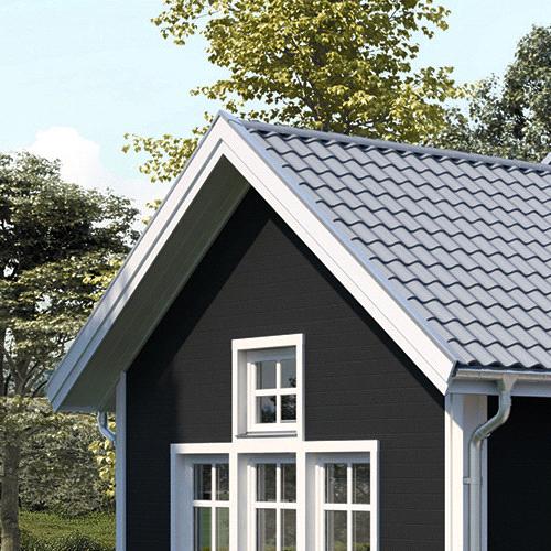 Färgen avser hängrännor, stuprör, fönsterbleck, vindskiveplåt, gavelbleck och midjeplåt medan eventuell