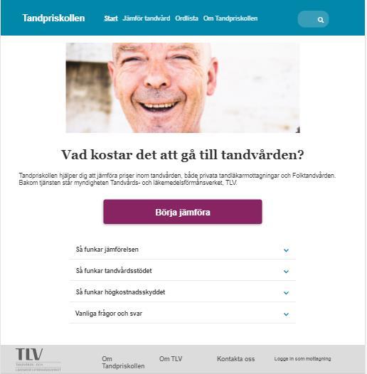 12 (50) Bild 1: Illustration startsida på tandpriskollen.se. På sidan alterneras olika bilder. (surfplatteläge) 2.1.1 Söksidan I tjänsten är det möjligt att jämföra snittpriser för olika behandlingar, men även för enskilda åtgärder.
