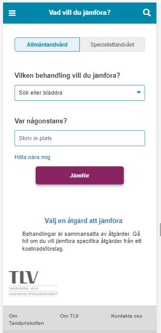 13 (50) Bild 2: Illustration söksidan på tandpriskollen.se. (mobilläge) För alla behandlingar finns en beskrivning av vilka åtgärder som inkluderas. Totalt finns ett trettiotal olika behandlingar.