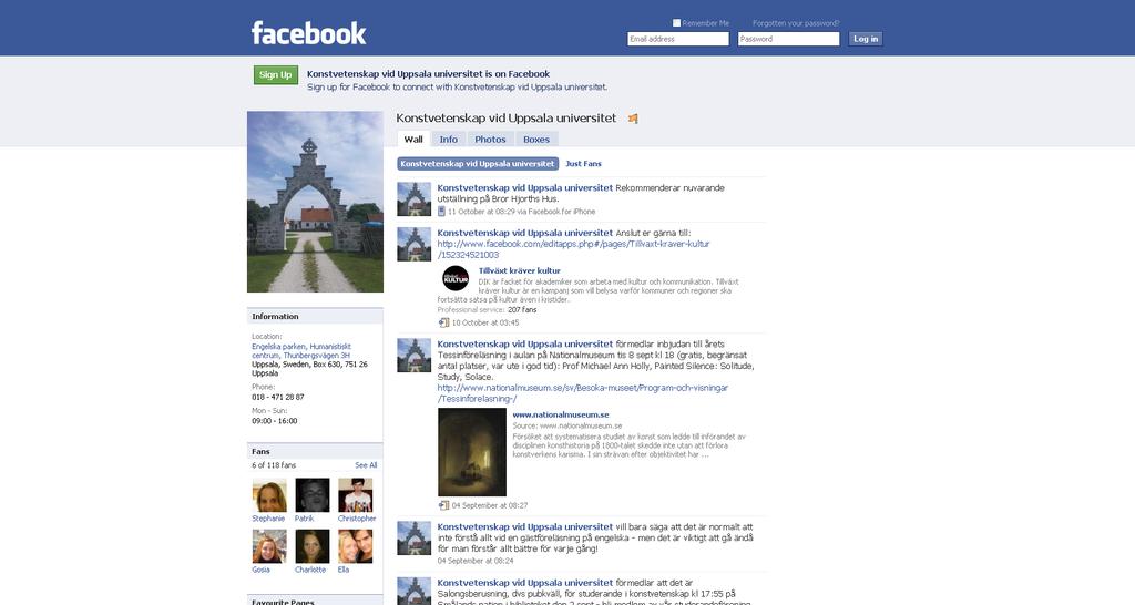 Bild 1: Konstvetenskapliga institutionens facebooksida Som vi såg i exemplet från Företagsekonomiska institutionen så fungerar Facebook utomordentligt väl som ett sätt att mobilisera många individer