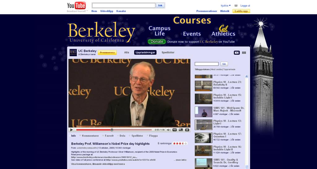 Bild 4: UCBerkeley Youtubekanal I Sverige har Stockholms universitet en kanal (http://www.youtube.