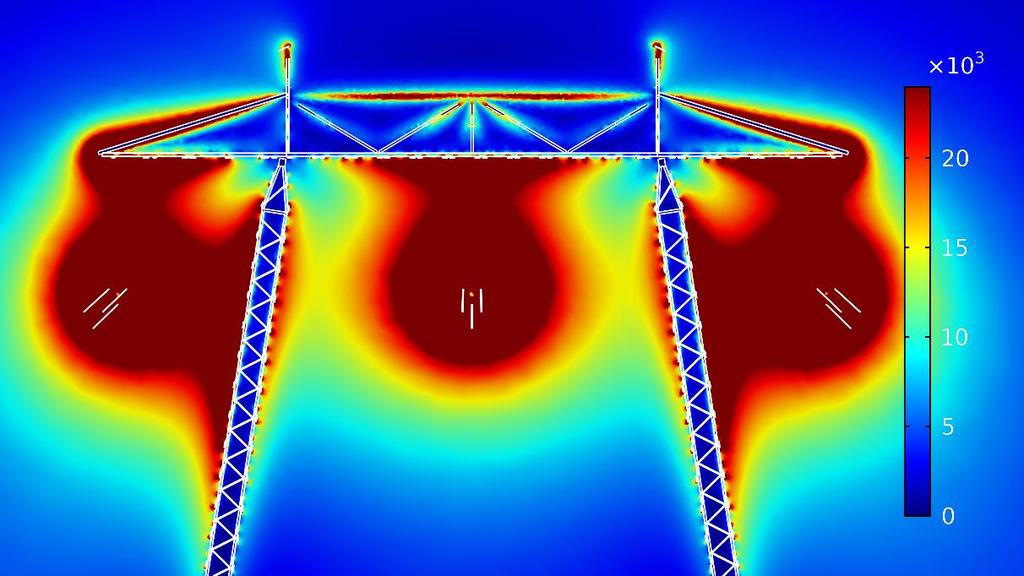 5.2 400 kv Stålstolpe A2 Triplex och topplinor Fasavstånd 12 m Det elektriska fältet kring stålstolpe A2 har beräknats.