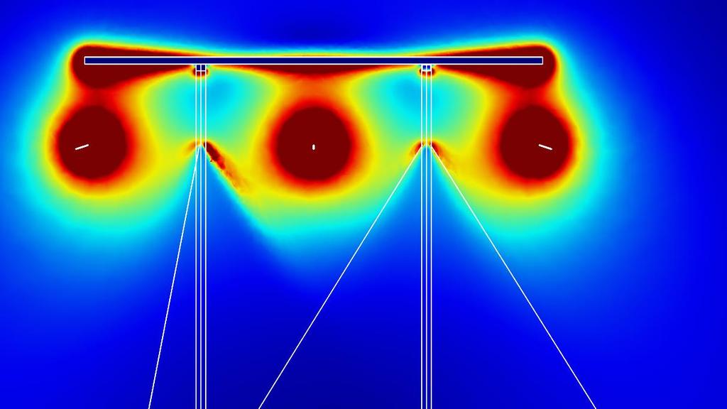 5.5 220 kv Trästolpe Simplex Fasavstånd 7 m Det elektriska fältet kring trästolpen har beräknats. I Figur 20 och Figur 21 presenteras tvärsnittsplotar med det elektriska fältet kring stolpen.