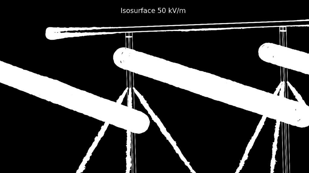 Tvärsnittet går rätt genom stolpen (Y=0) och visar det elektriska fältet i intervallet 0 kv/m till 24 kv/m. Det elektriska fältet som överstiger 24 kv/m har samma färg som 24 kv/m, nämligen mörkröd.