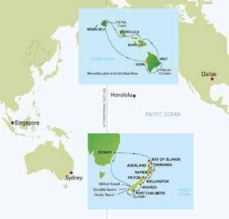 Vi kryssar två veckor runt natursköna Nya Zeeland i absolut högsommar och fortsätter sedan österut till Honolulu, där nästa härliga kryssningsfartyg väntar på oss för en vecka runt alla Hawaiis stora