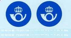 26206 Post - resgodsvagn DF28 Komplett med rambalksmärkning, linjer och loggor 18805 Pris 180 kr Endast rambalksmärkning. 27706 Posthorn. Blå posthorn i varierande storlekar. 17 st Nr 7255 Posthorn.