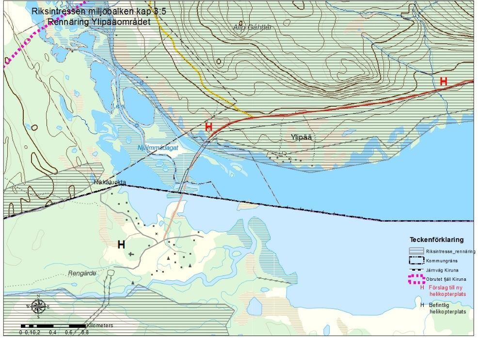 Bild 1.4.5 Förslag på ny helikopterplats Ylipää och Vistasälven En utökning av forskningsområdet för Esrange utreds både sydost om befintligt område och norr om Vittangiälven.