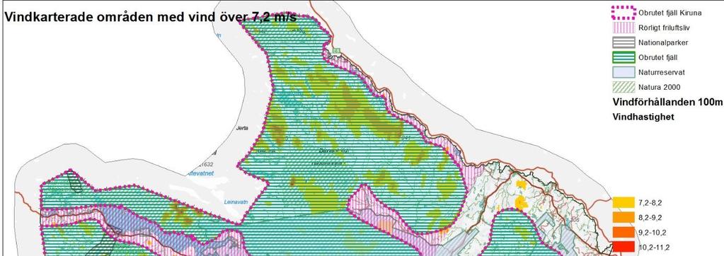 Bild 7.4.3 Områden där vindkraft inte får anläggas. Områden för vindkraft I kommunen föreslås område för vindkraft söder om Karesuando.