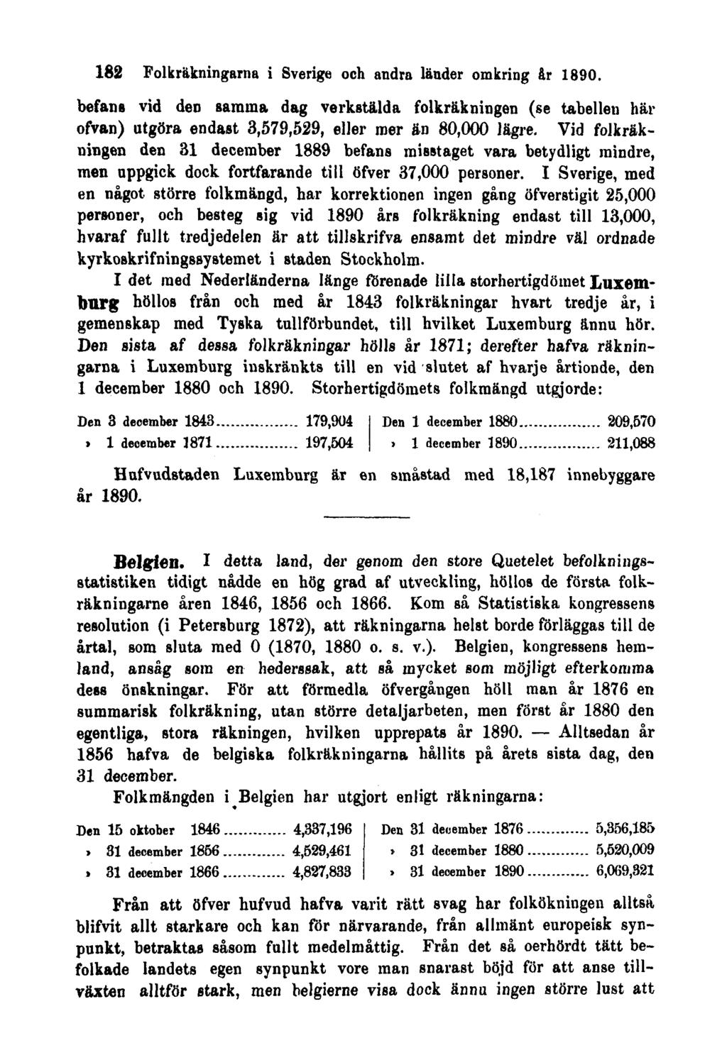 182 Folkräkningarna i Sverige och andra länder omkring år 1890. befans vid den samma dag verkstälda folkräkningen (se tabellen här ofvan) utgöra endast 3,579,529, eller mer än 80,000 lägre.