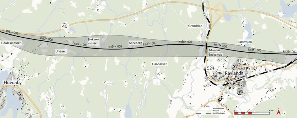 Spårlinjen förbi Rävlanda-Rammsjön är belägen mellan km 36+600 till 37+900, se Figur 4 och Figur 5.