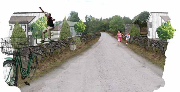 boendemiljö. Fotomontage Karlshamns kommun. Kartan redovisar vald vägkorridor med två anslutningsalternativ i väster.