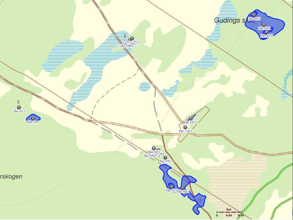 Bilaga 1. Beskrivningar av förekommande fornlämningar Number according to the map 39:1. Gravfält med en utsträckning av 60x40 meter (öst-väst) bestående av 12 fornlämningar.