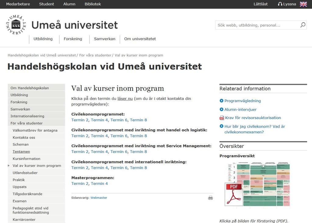 WEBBSIDORNA FÖR VAL AV KURSER INOM