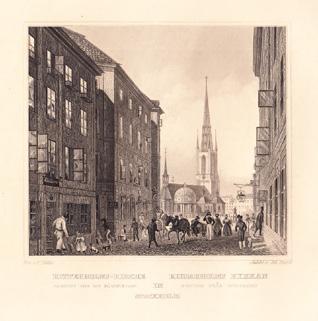 23 (ERICSSON, Olof Abraham.) Promenader genom Stockholm. Tio vuer i stålstick, med upplysande text af O. A. E-n. Stockholm, P. Adolf Huldberg, Bazarn å Norrbro/ Hörbergska Boktryckeriet, 1852.