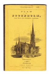 33 Plan af Stockholm, jemte karta öfver Stockholms omgifningar. [=Omslagstitel.] Stockholm, Albert Bonniers förlag, (1863). 8:o. (8) s.+ utvikbar litogr.
