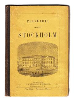 43 Plankarta öfver Stockholm. [=Omslagstitel.] Stockholm, P. A. Huldbergs bokhandel, (ca. 1870). 8:o. (4) s.+ utvikbar litogr. karta. (60,5 x 52 cm.