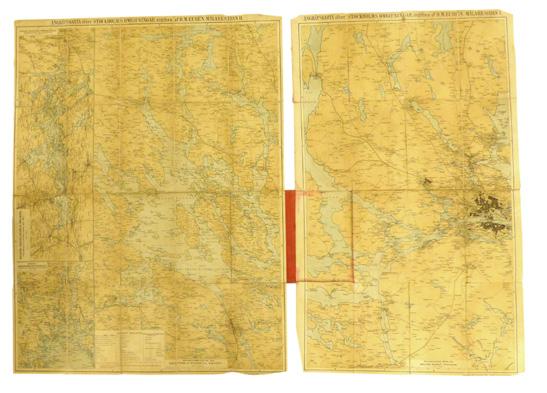 62 SELANDER, Nils. Karta öfver Stockholms omgifningar. (Stockholm), Generalstabens litogr. anstalt, (1886). Stor utvikbar, kolorerad litogr. karta (52x84 cm).
