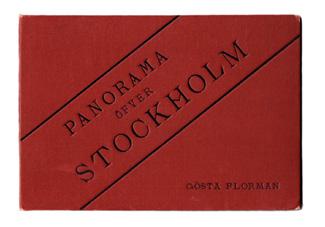 64 FLORMAN, Gösta. Panorama öfver Stockholm [=Pärmtitel.] (Stockholm, 1888). Leporellvikt fotopanorama (11,5 x 68 cm), bestånde av fyra ihopmonterade fotografier.
