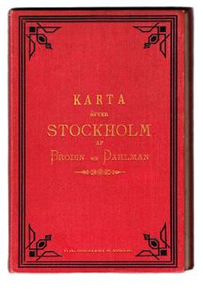 Dahlmans år 1895 ånyo utgifna, å stadsingeniörskontoret granskade karta öfver Stockholm jämte vägvisare för resande. Ny upplaga. Stockholm, P. A. Norstedt & söner, 1896. 8:o. 56 s. Rött dek. okbd.