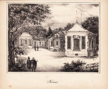 ] (18 utsigter af Stockholms omgifningar med förklarande text.) Nyköping, C. H. Des Réaux, 1842. 12:o. 8 s.+ 18 litogr. planscher. Småfläckar både i text och på planscher. Nött rött dek.