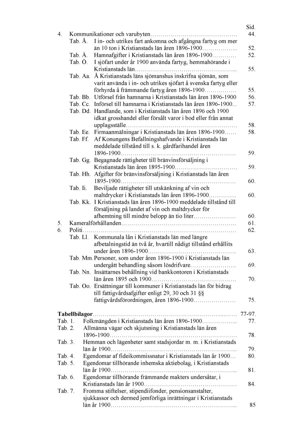 Sid. 4. Kommunikationer och varubyten. 44. Tab. Å. I in- och utrikes fart ankomna och afgångna fartyg om mer än 10 ton i Kristianstads län åren 1896-1900... 52. Tab. Ä.