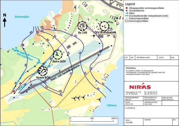 Figur 4 Grundvattenströmning från flygplatsområdet (Niras 2017).