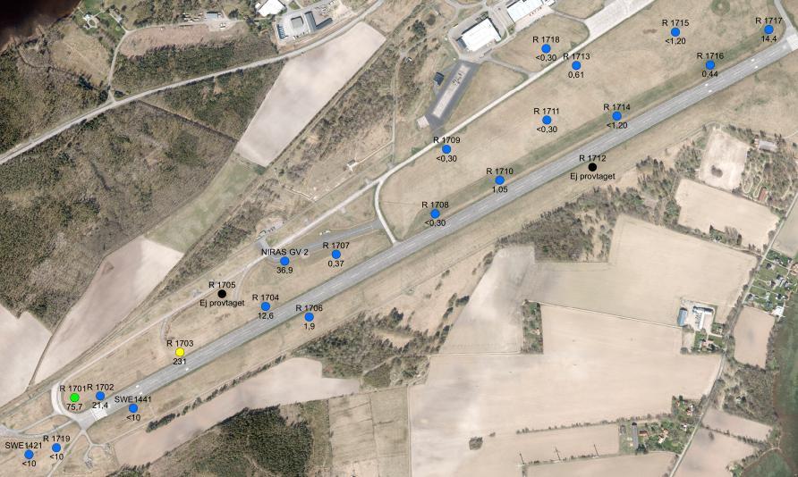 Figur 10 Halter (ng/l) av PFAS i mark- och grundvatten vid provtagning i september 2017. Blå <45, grön 45-90, gul 90-450, orange 450-900. Svart=torrt rör.