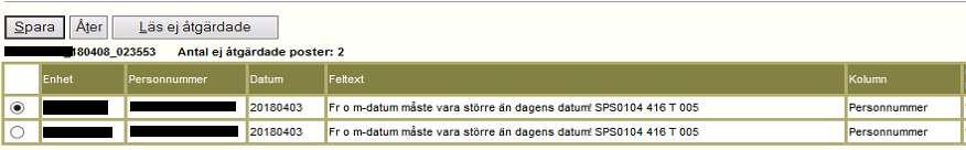 Kolumnen Feltext förklarar vad som är fel. Kolumnen Kolumn visar var felet finns.
