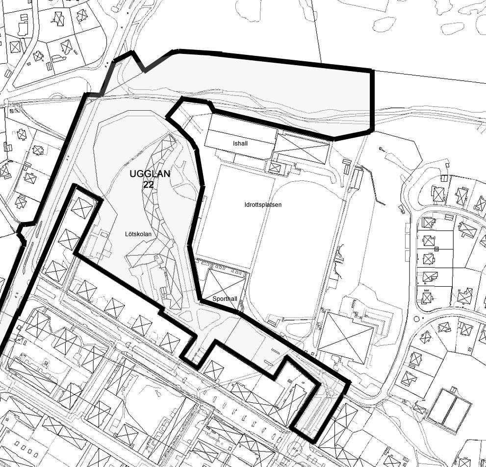 2 Situationsplan Planområdet markerat med svart linje Planområdet är ca 7,5 Ha stort. Fastigheterna Sundbyberg 2:17 och Ugglan 22 ägs av staden.