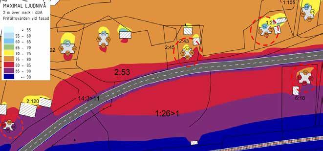 Bullerberörda bostäder markerade med röda cirklar. Figur 30.