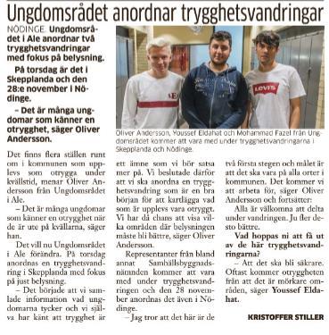 Sektor Kommunstyrelsen Avdelningen för administration Trygghet och säkerhet 2017-11-16 Trygghetsvandring i Skepplanda, torsdag 16 nov 2017 Närvarande förutom Ales ungdomsråd var representanter från