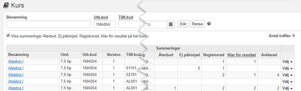 Resultatöversikt Resultatöversikt på kurs I kursvyn kan du följa resultatrapporteringen i flikarna Rapportera och Attestera.