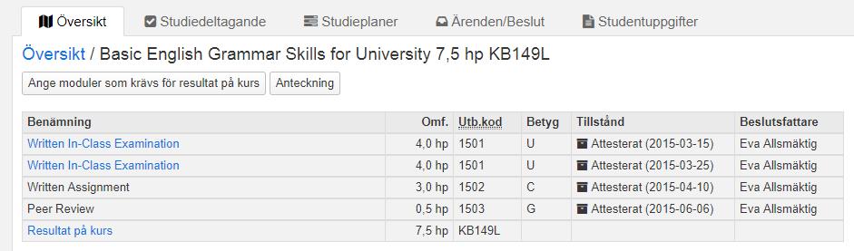 Studentens kursöversikt Om du istället klickar på länken för kursen kommer du se studentens resultatöversikt på kursen.