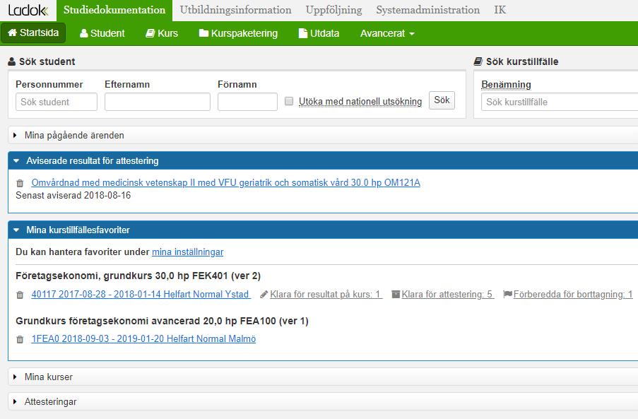 Startsidan På startsidan av Ladok hittar du information och länkar till delar som rör resultatrapporteringen, samlat under ett antal rubriker: Aviserade resultat för attestering: en att-göra-lista