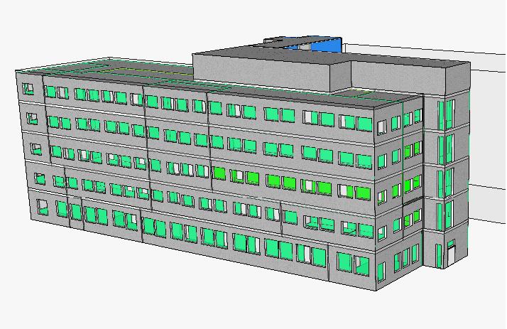 Individuell mätning och debitering 69 Kontor Kontorsbyggnad i fem plan. Yttervägg med sandwichkonstruktion. Fönster med U-värde 0,9 W/m2, K med solskydd i form av yttre väv.