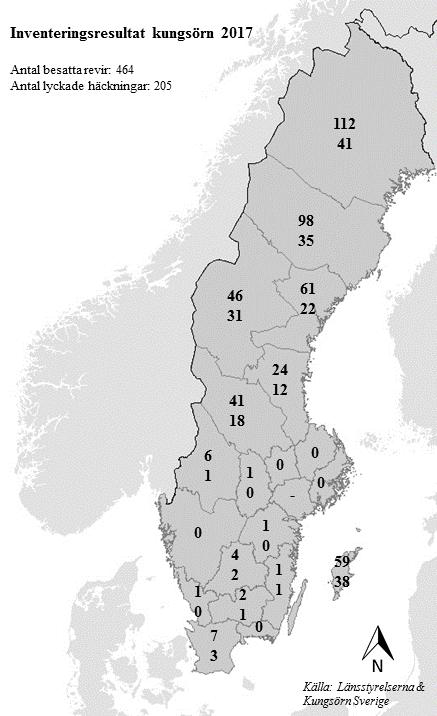 Figur B2. Resultat från inventeringen av kungsörn 2017 enligt länsstyrelsernas sammanställning.