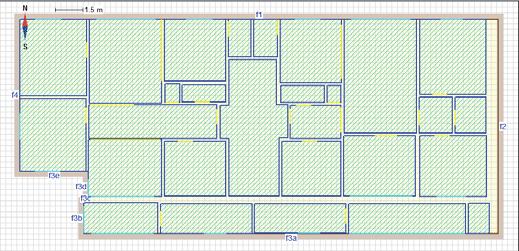 Beskrivning av basbyggnad Bostadshus med tre våningar och två oberoende lägenheter per våning: Lägenhet 1 och 2 på nedre botten Lägenhet 3 och 4 på första våningen Lägenhet 5 och 6 på översta