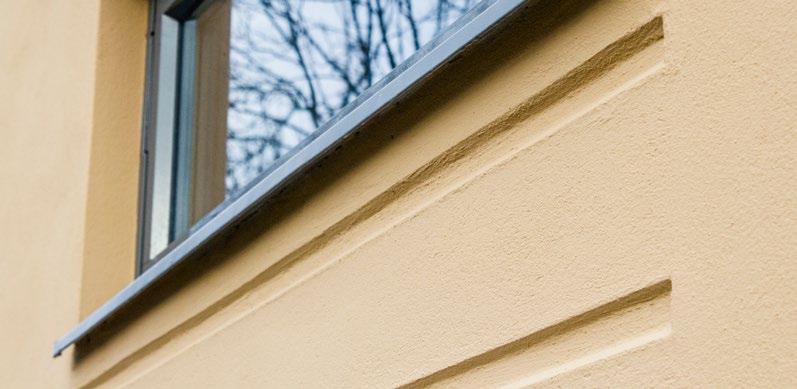 Grundningsbruk A + Putsbruk B eller C. Ytan nätas vid utsatta ställen. Glasfiberbruk A. Ytan ska helnätas.