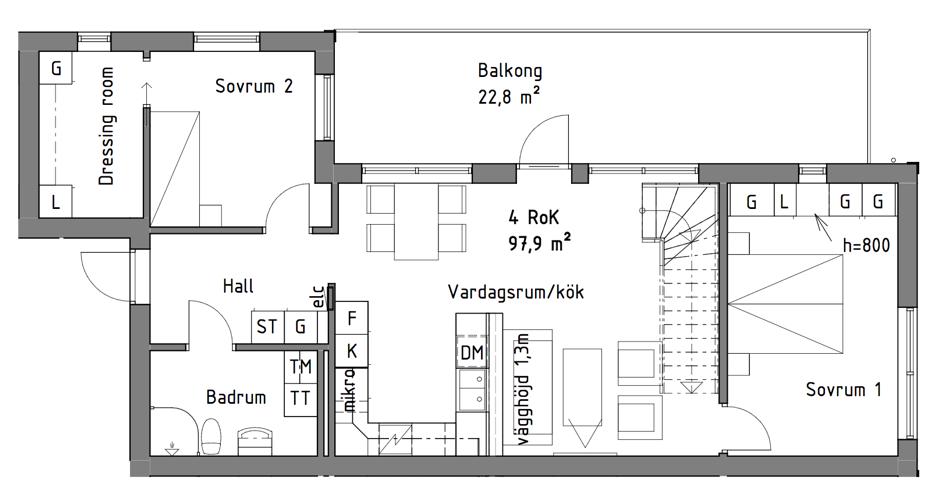 Figur 19: Planritning 3 RoK, 80.9 kvm. Figur 20: Planritning 4 RoK, 97.9 kvm. Miljön är i stort fokus på denna byggarbetsplats då miljöcertifieringssystemet Miljöbyggnad används.