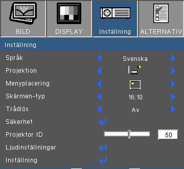 Projektion Bordsprojektion bakom och Takprojicering bakom skall användas tillsammans med genomlysningsbar duk.