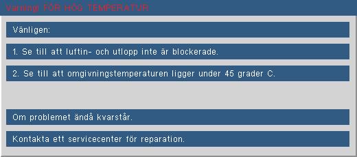 Bilagor På Screen Messages Temperaturvarning: Fel på fläkten: Lampvarming: Utanför visningsområde: Om fjärrkontrollen