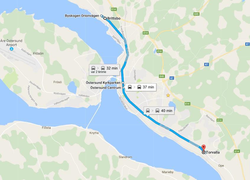 Elektrifierad busslinje i Östersund Den nya elbusslinjen går mellan Torvalla och Britsbo och är ca 14 km. Det kommer att vara ca 100 avgångar varje dag.