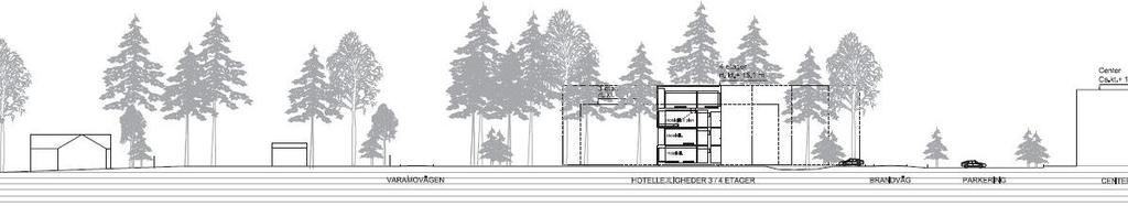 Illustration av fasad mot norr, nattetid Byggnadens fasadkoncept illustreras genom teman kring kontrast och genomskinlighet med olika ljuseffekter som varierar mellan dag och natt.