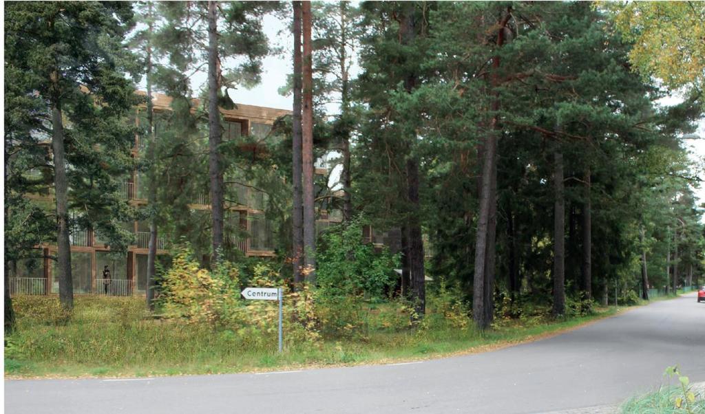 Figur 11. Illustration hotell/semesterlägenheter. Vy mot söder. Illustrationerna i denna planbeskrivning visar hur den nya bebyggelsen inom planområdet kan utformas.