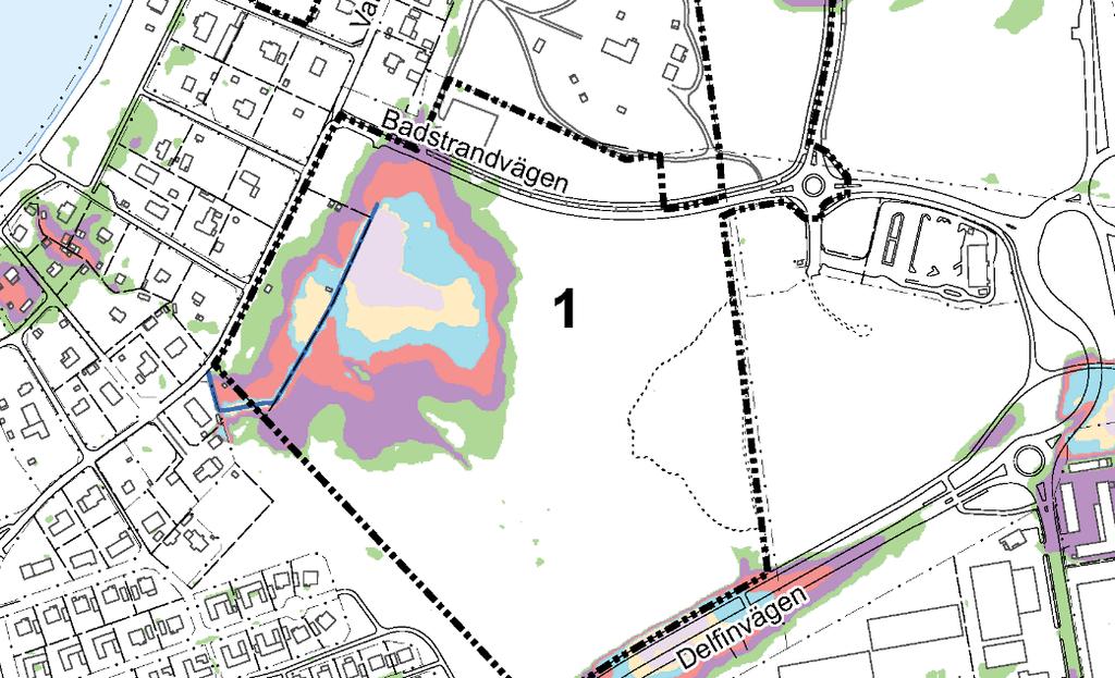 Figur 17. Sektion A-A, höjdförställd 1:4. Rosa markering visar instängt område. Vy mot norr. Sektionens läge ses i figur 15. Figur 18.