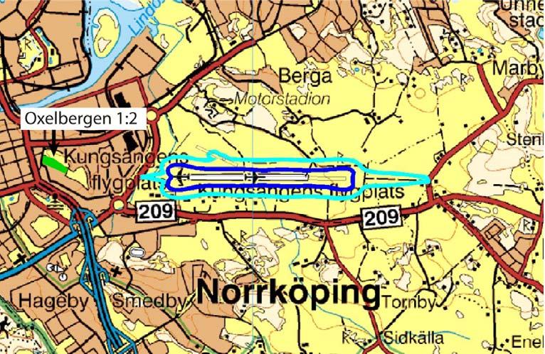 23(39) Planområdets läge i relation till den verkliga situationen (beräknad FBN 55 dba (ljusblått) och 60 dba (mörkblått) för trafikutfall 2010).
