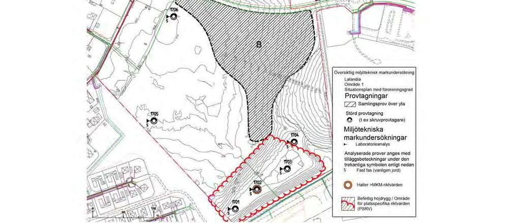 Område med begränsad förekomst av föroreningar, se röd markering i söder. Källan till de förhöjda halterna bedöms vara avfallsrester (asfalt, olja).