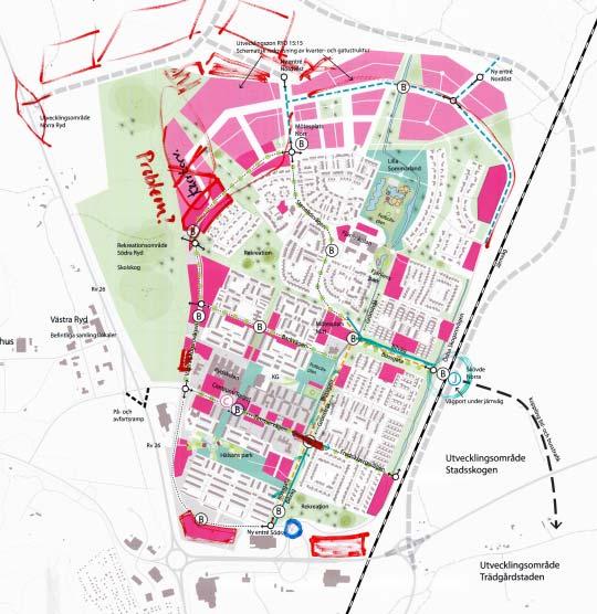 Kllektivtrafiksatsningar i frm av bussgata i mrådets mitt är viktiga för ändrade resmönster ch nya flöden.